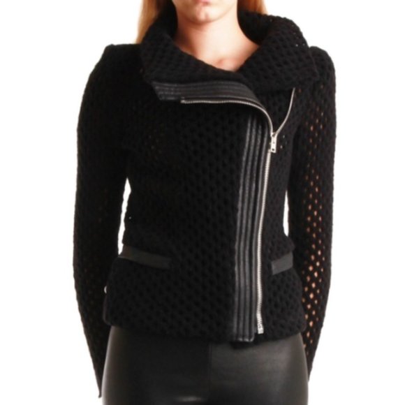 IRO 'Noa' Black Wool Knit Leather Trim Moto Jacket | Size 36 - Picture 12 of 15